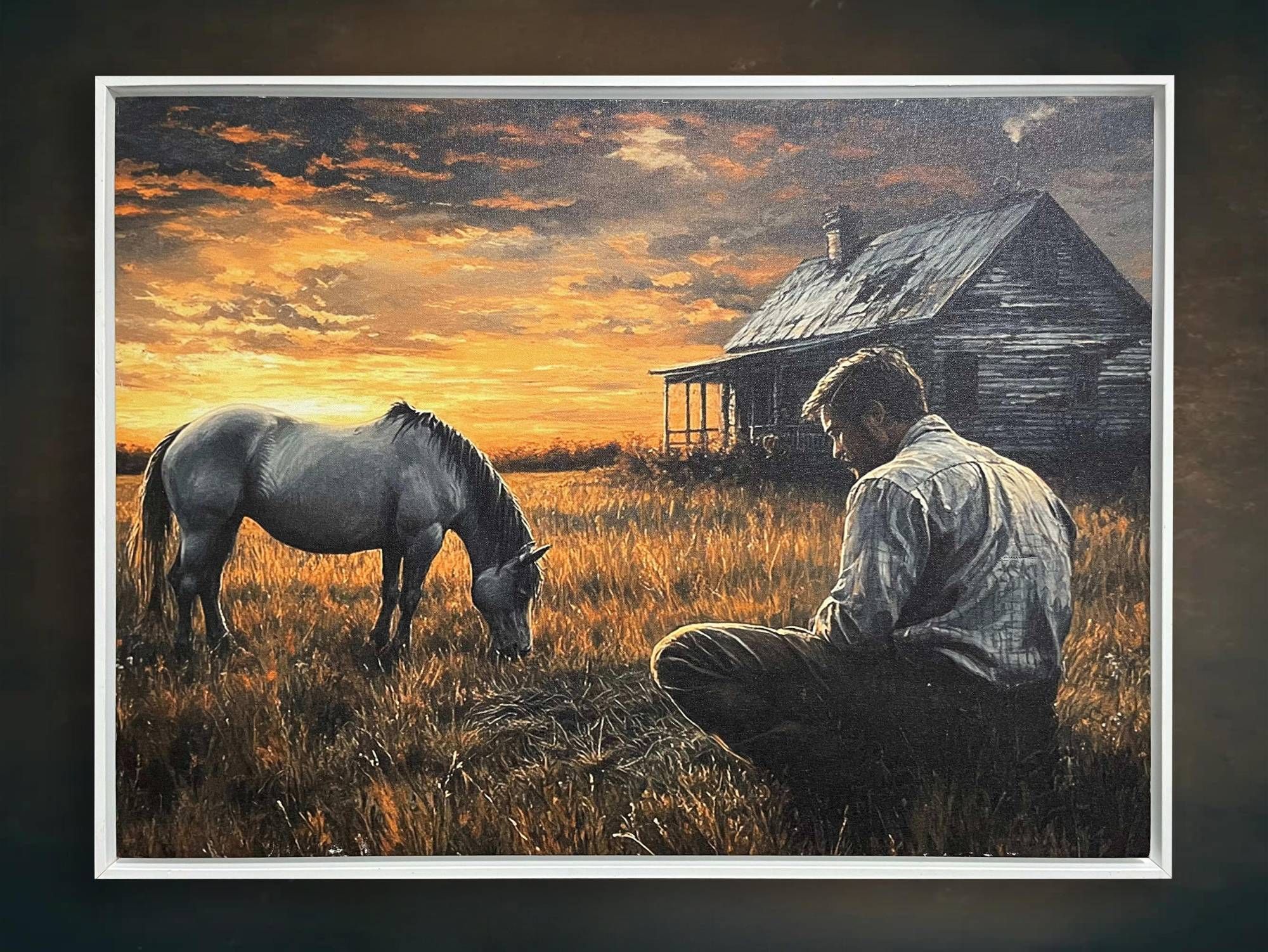 Where I Don't Belong — a man kneeling beside a horse at sunset by an old house