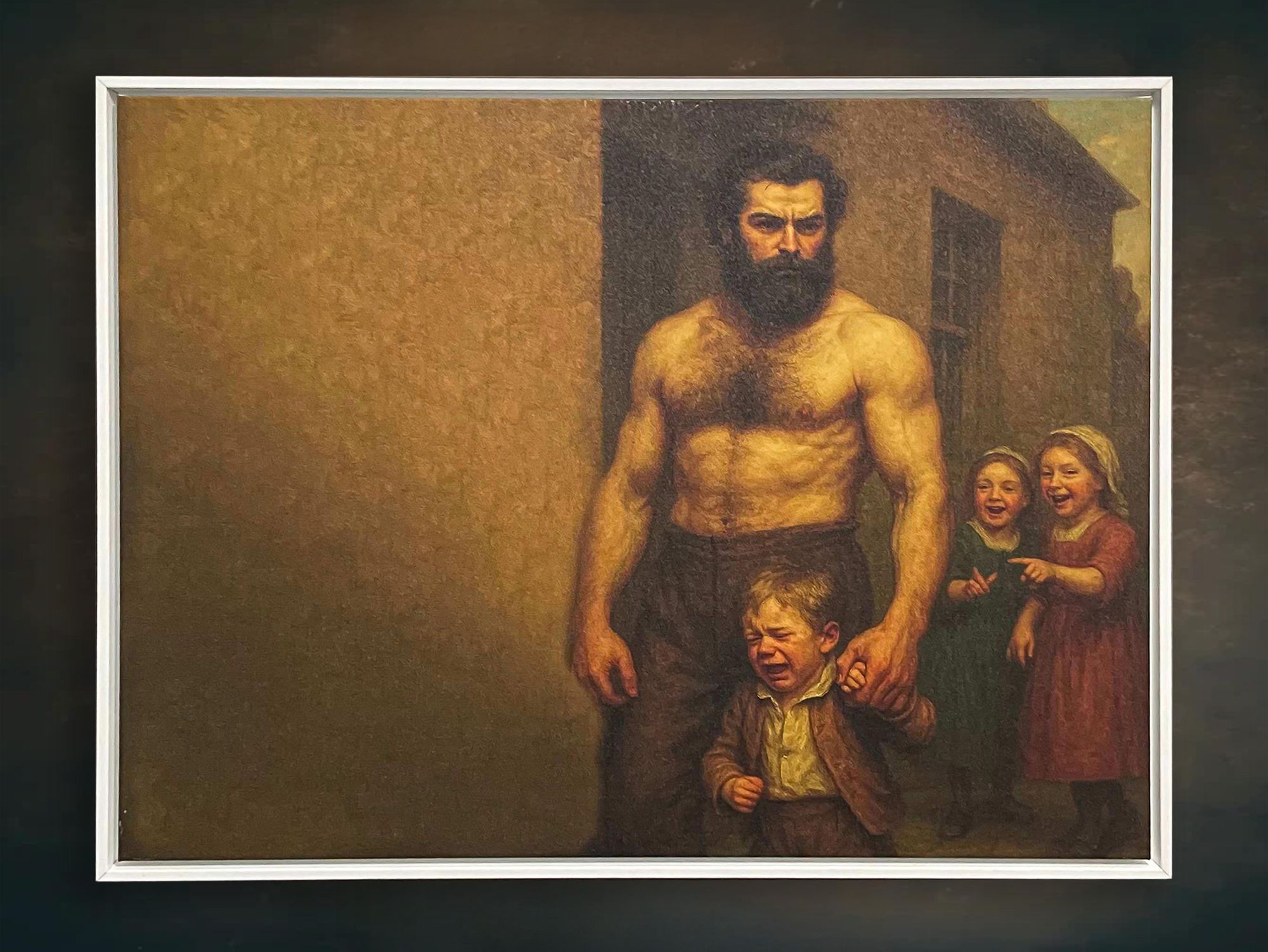 The Strong Man's Silence — a powerful, silent man with a crying boy and laughing children
