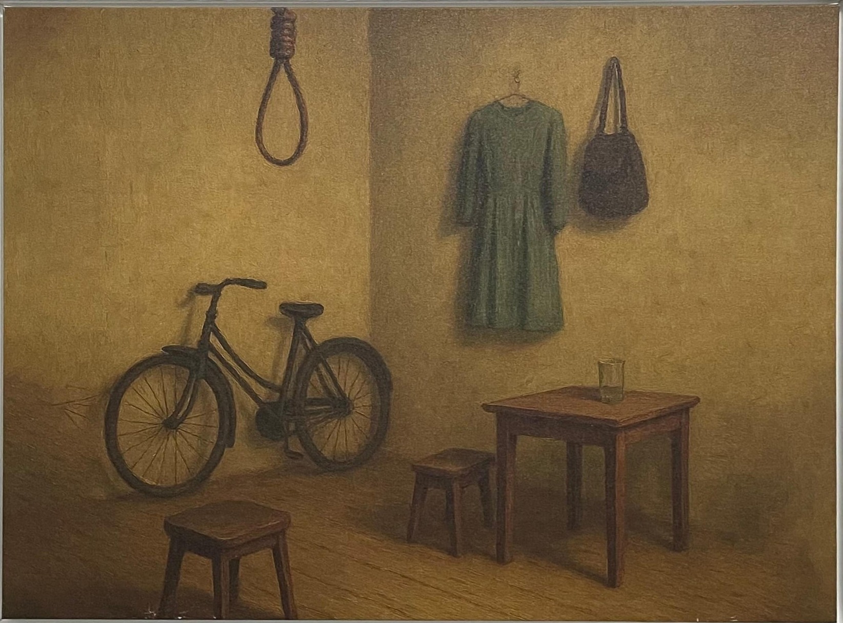 A sparse room: a hanging rope, a green dress and handbag on the wall, a bicycle, a table with a single glass, two stools.