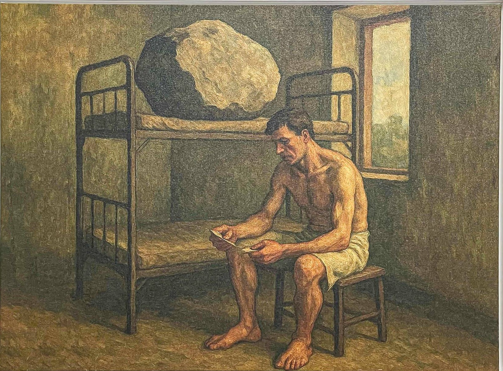 A lean man sits on a stool reading a letter; an enormous pale boulder rests on the bunk where he should sleep; the window is open.