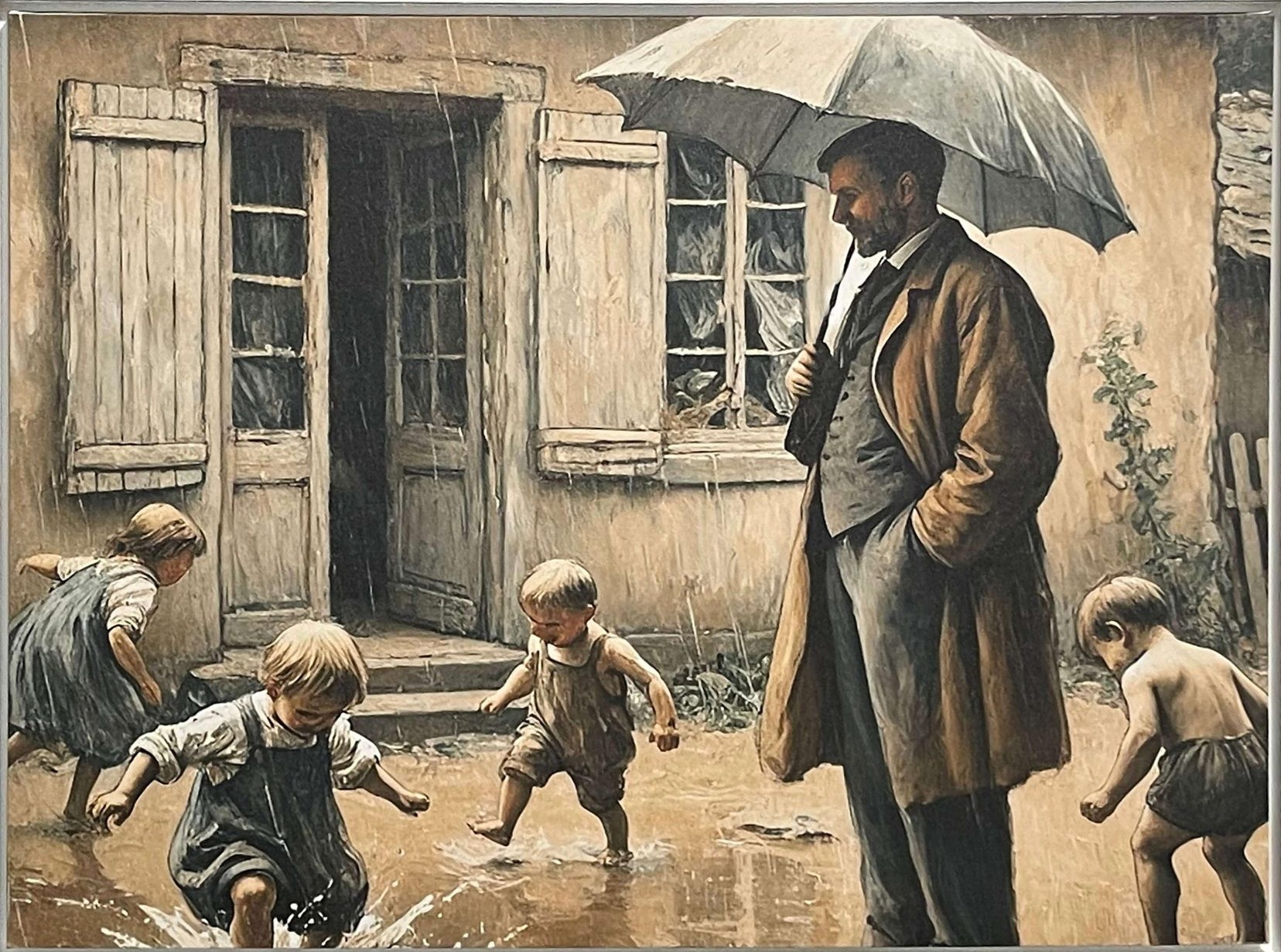 A man under an umbrella watches barefoot children splash through puddles outside an old house.