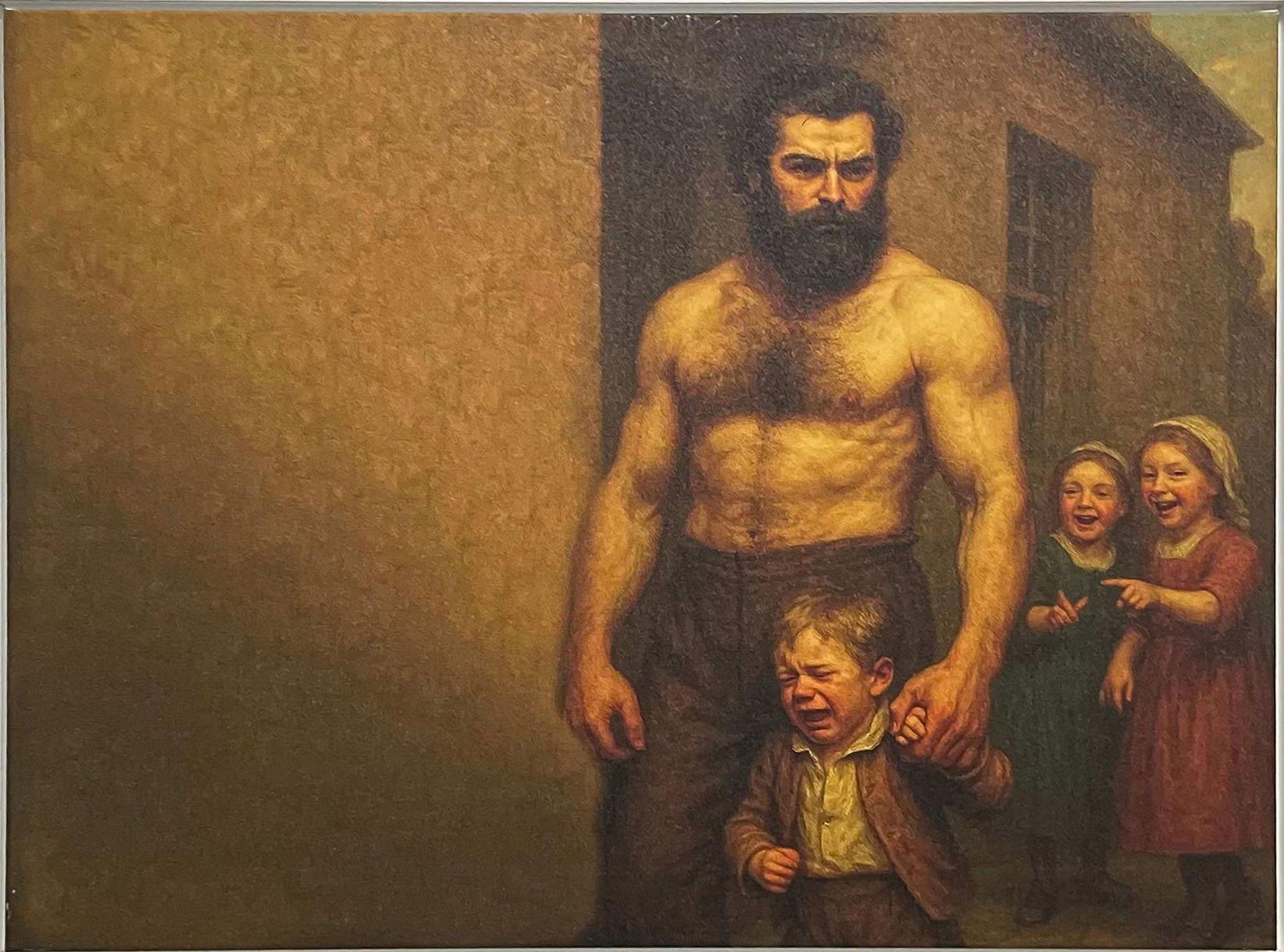 A powerfully built, bearded man stands in silence; a small boy weeps at his hand while two children laugh behind him.
